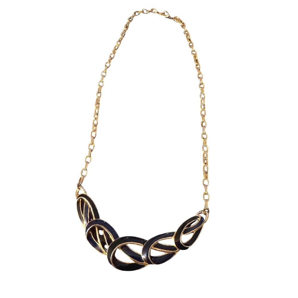 Vintage Gold Tone Navy Blue Enamel Interlocking Link Bib Necklace‎ Retro Modern
